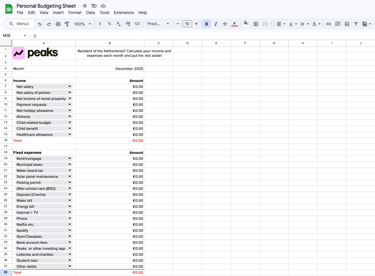 Personal budgeting sheet for expats in the Netherlands