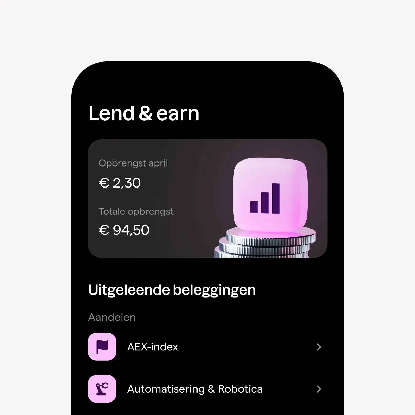 Telefoonscherm met de functie ‘Lend & Earn’ in de Peaks-app