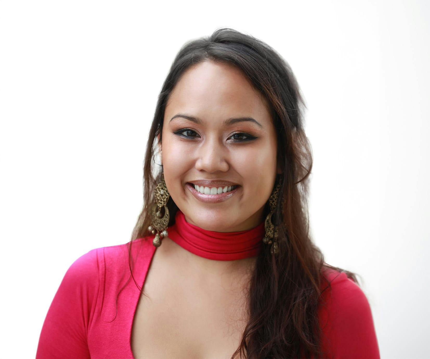 woman in a red shirt