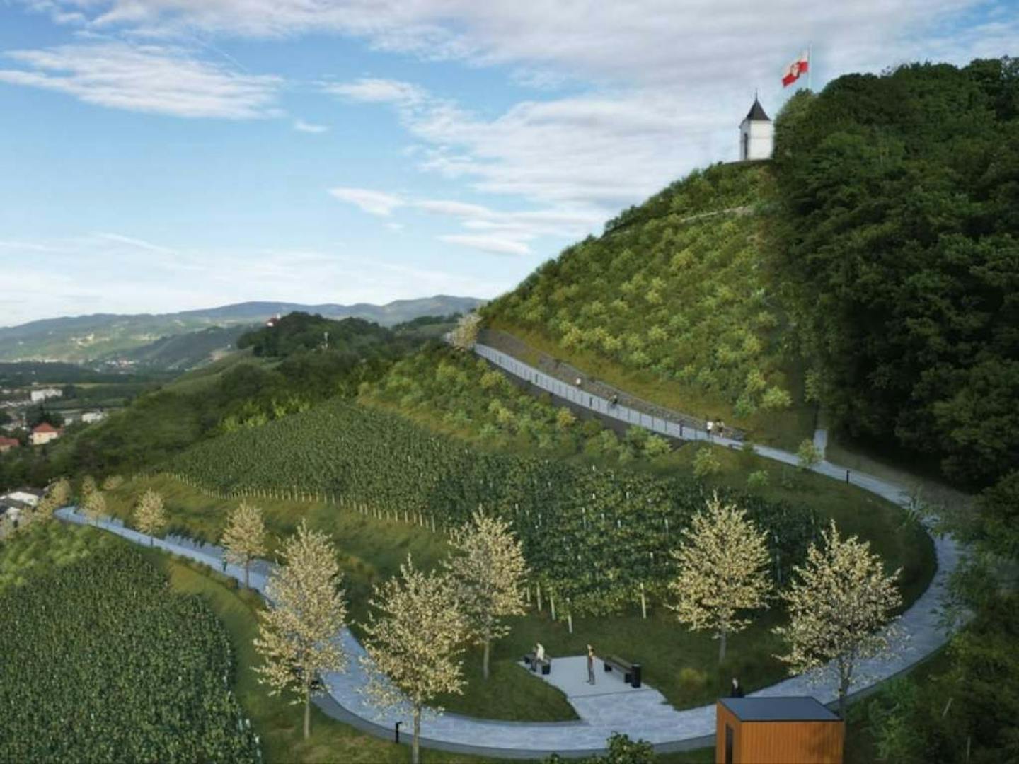 Rendering of the future appearance of Piramida Hill in Maribor