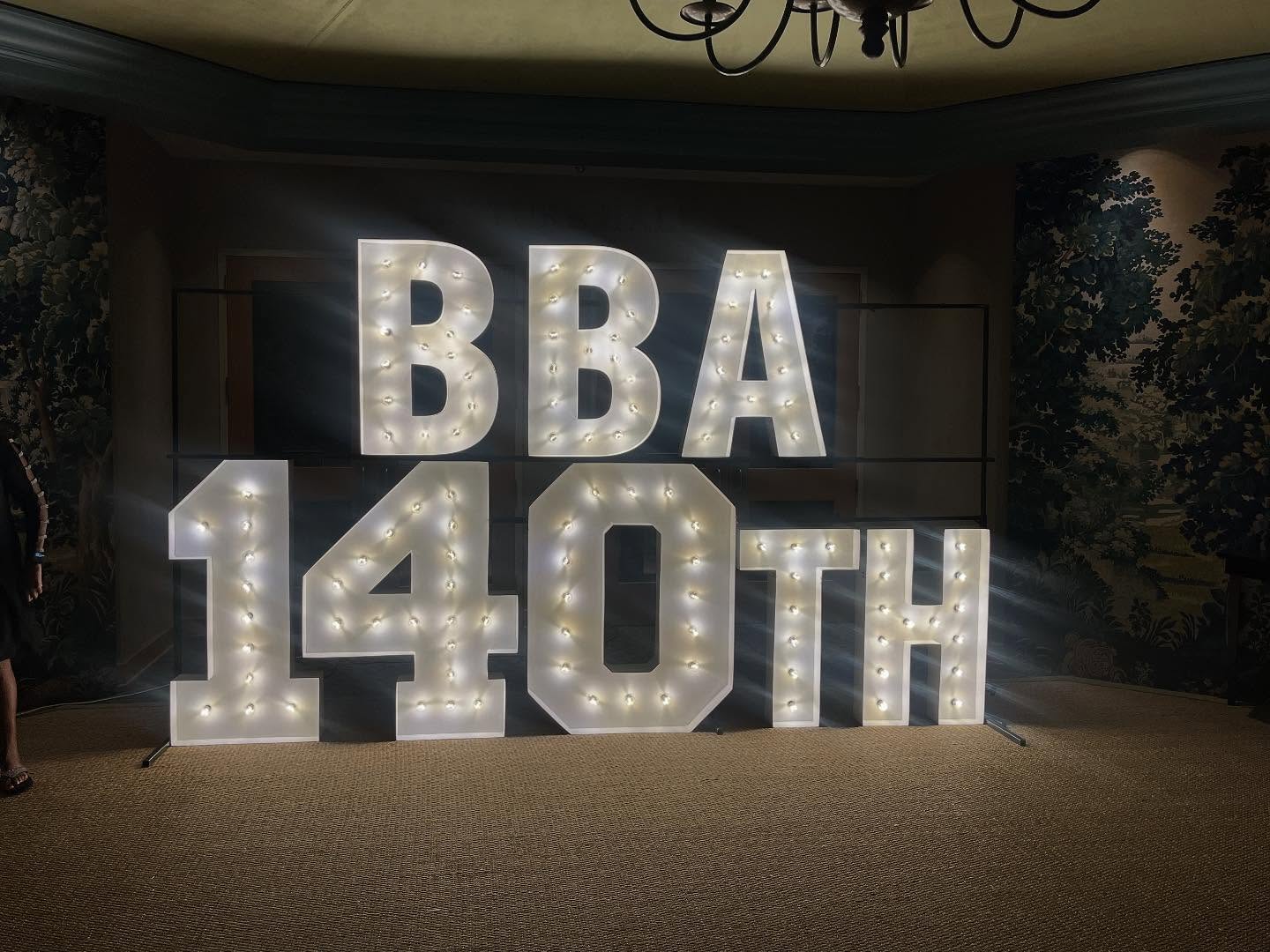BBA anniversary sign lit up