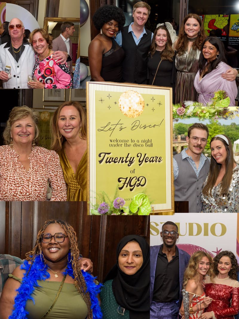 A collage of picture showing people at the party with a sign in the middle saying