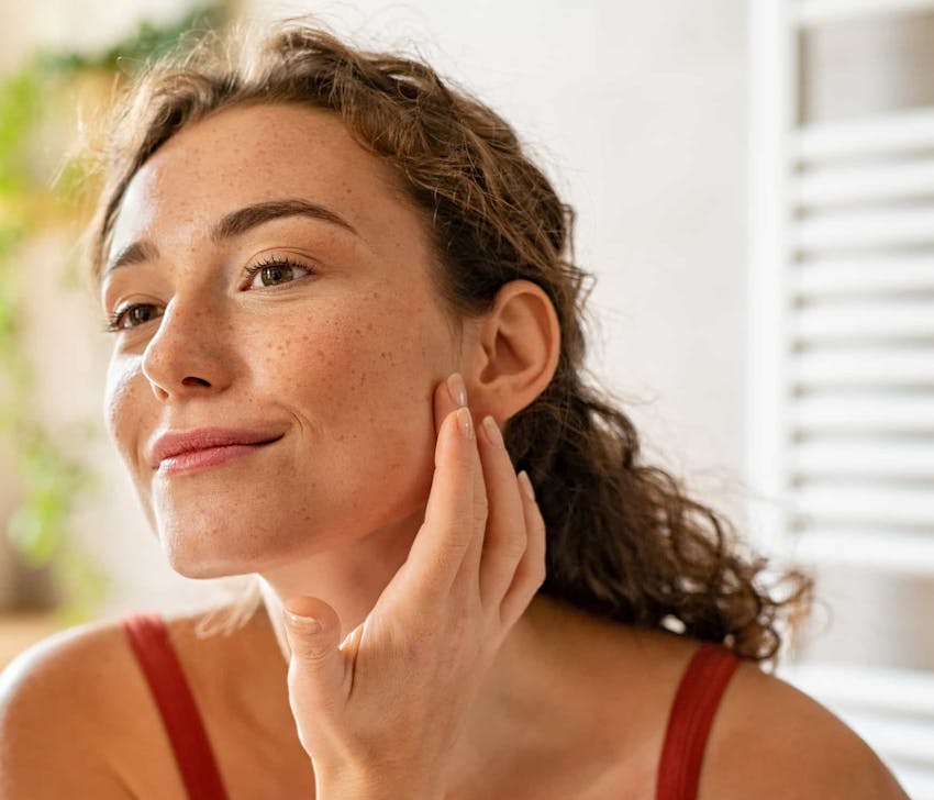Woman touching cheek and smiling