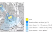 Hydrological precautionary perimeter with buffer zones: The yellow area indicates the fen, the blue areas indicate sensitive buffer zones up to 100 m, 200 m, and more from the fen.