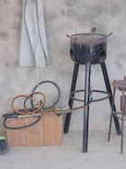 Smelting workstation at a small-scale gold mining site in Peru.