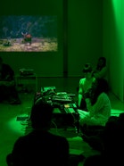 The presentation in the Sala Elvetica at Istituto Svizzero. An audience of around 80 people witnessed an immersive performance where music, visual installations, forest sounds, and powerful testimonies of people who live with and from the forest came together.