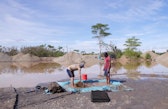 Two miners cleaning the carpet to separate the gold from it