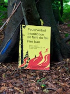 Ein dreisprachiges Feuerwarnschild lehnt an einem Baumstamm im Wald, umgeben von Herbstlaub.