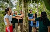 A group of seven people circle a tall rainforest tree, hands resting on its trunk as they look up into the canopy; several wear green K'erenda Homet shirts.
