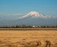 Scenic panoramic view of the majestic snow-capped Mount Ararat and Little Ararat rising above rural houses, captured from Zvartnots International Airport