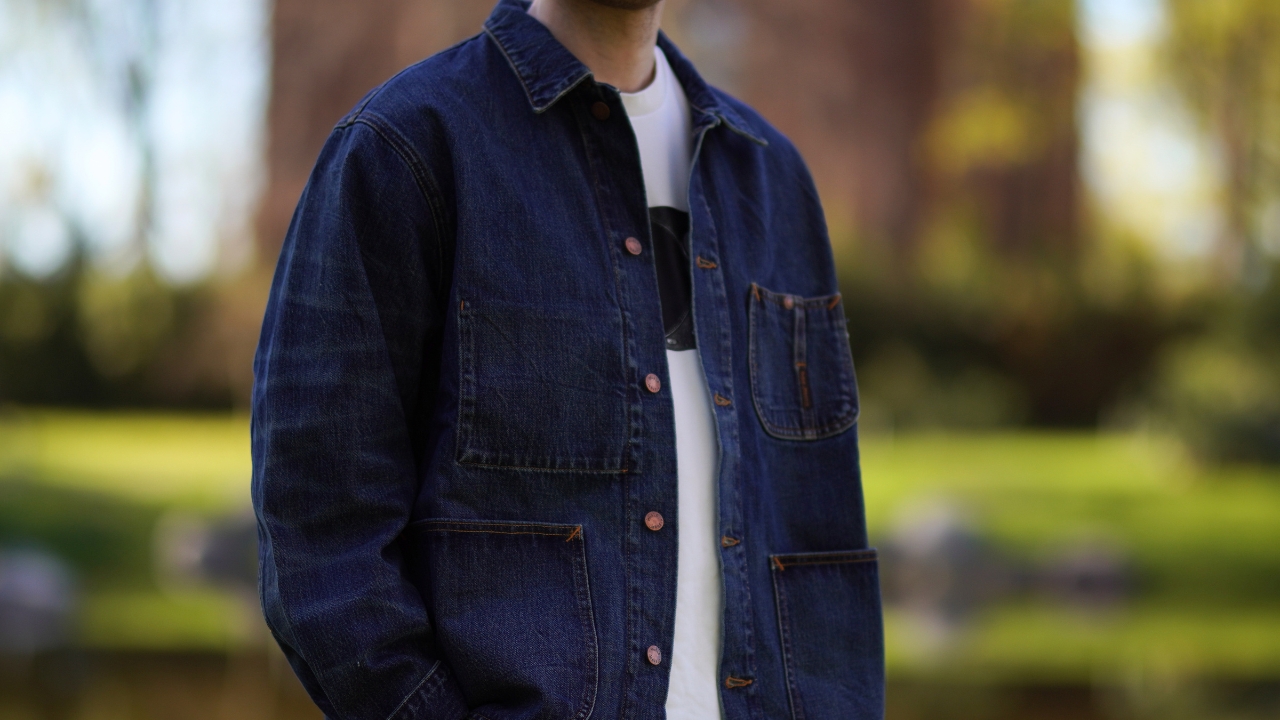 Wearing Nudie Jeans' Men's Jacket With Park in Background