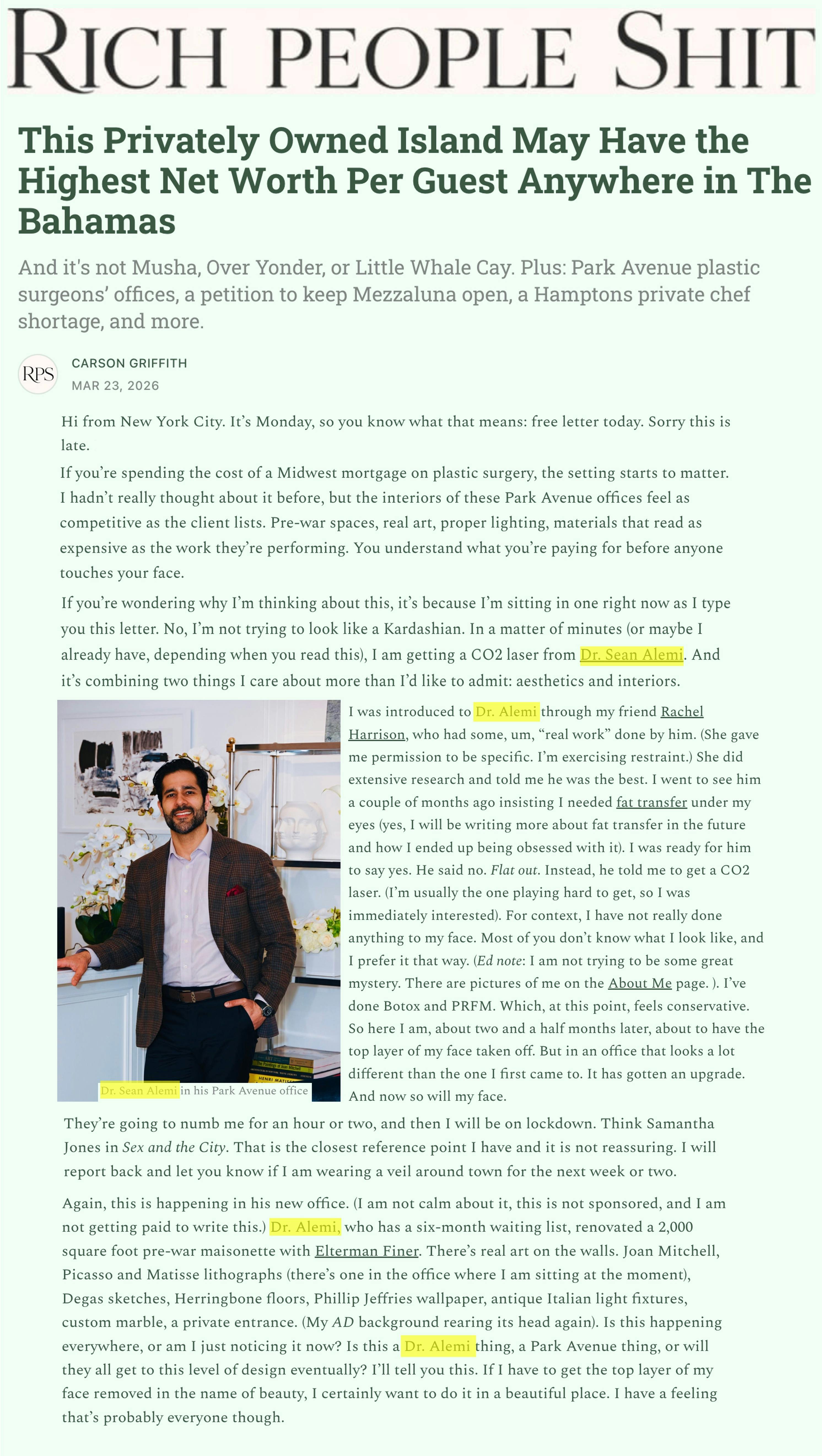 Dr. Alemi’s New Office Featured in Carson Griffith’s Substack – Rich People Shit
