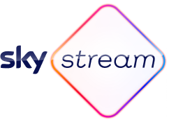 Sky Stream logo in a tilted diamond with soft edges and multicoloured outline.