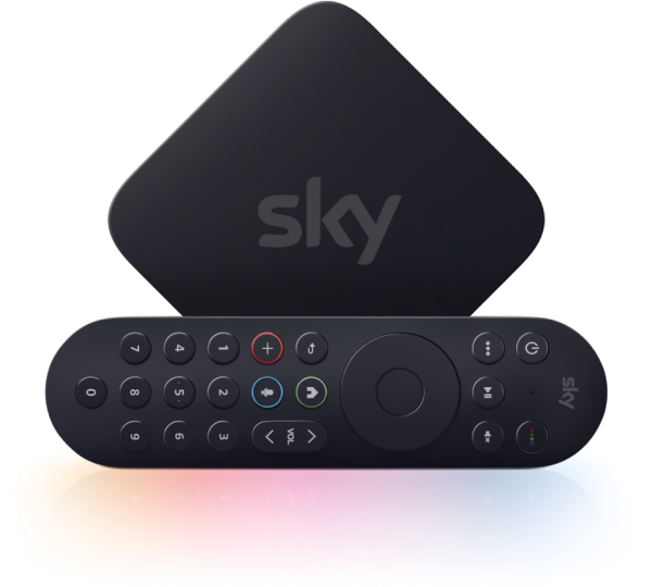 Sky Stream device and remote control in black with colourful reflection beneath