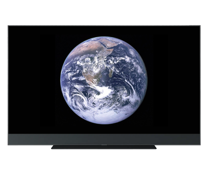 A TV screen displays an image of Earth from space, centered against a black background.