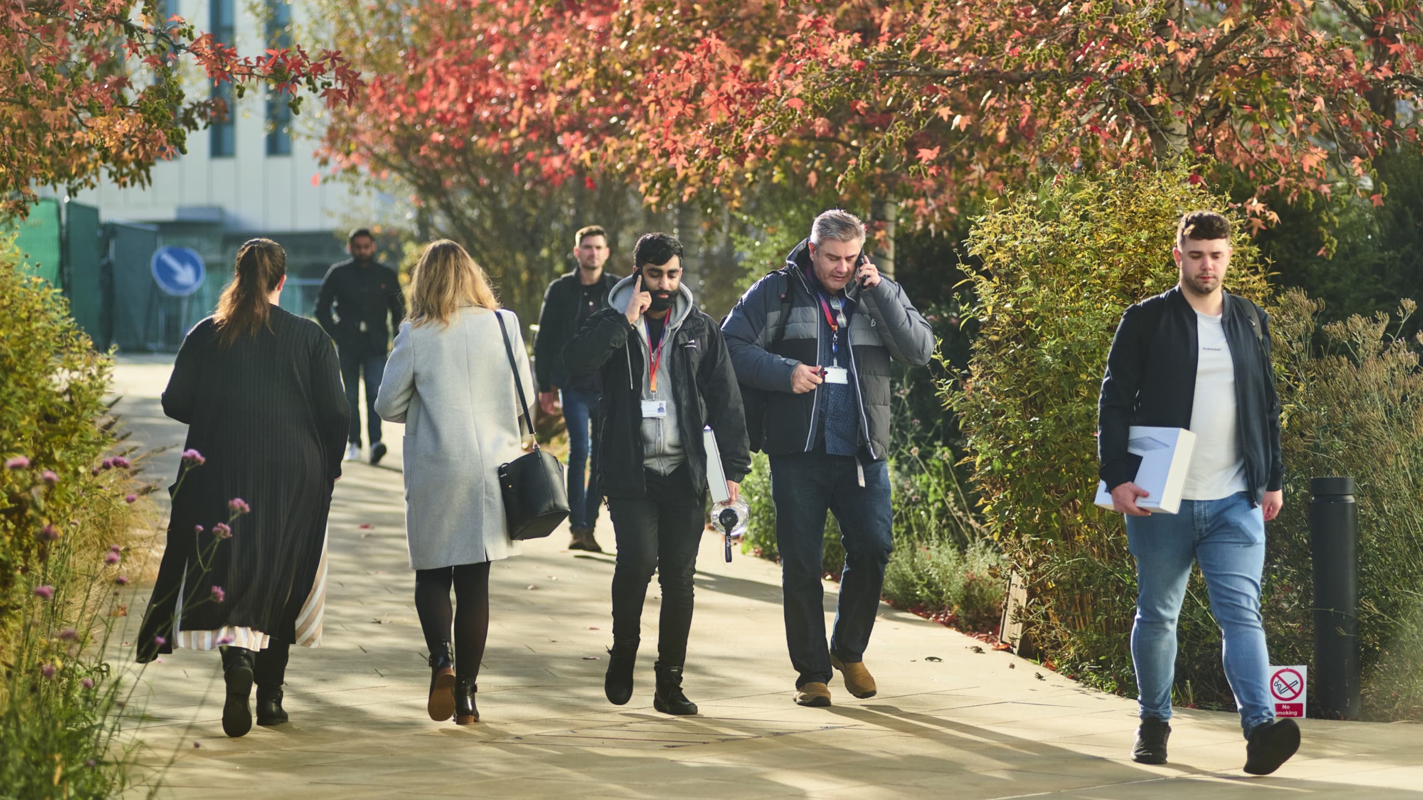 People walk and talk on a tree-lined campus path under bright autumn foliage, some holding devices or folders.
