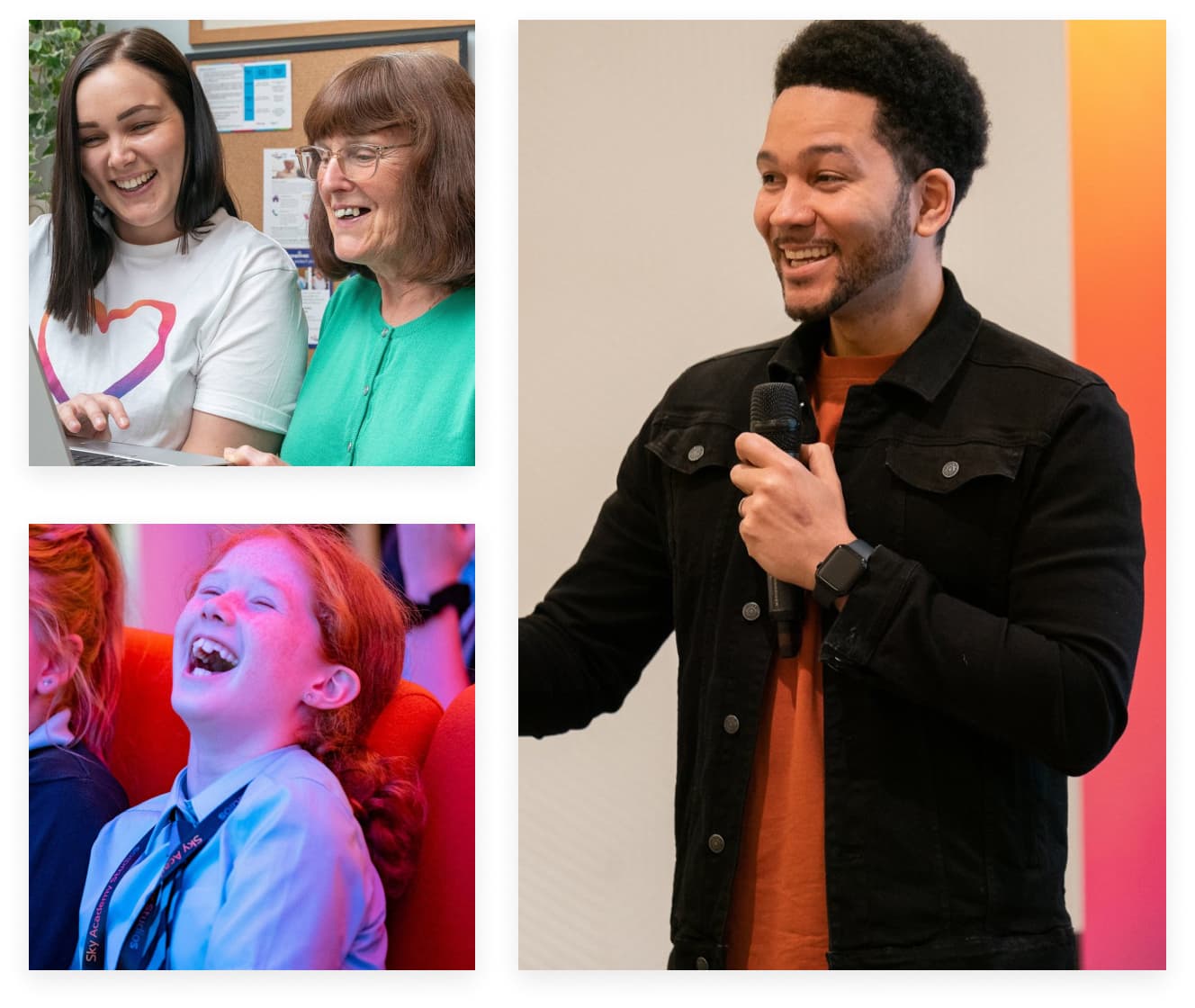 Sky Up activities collage: mentoring, laughing children, and a man speaking with a microphone.