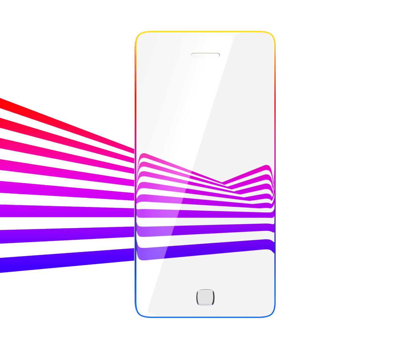 Illustration of a mobile phone with purple and pink striped waves projecting from the screen.