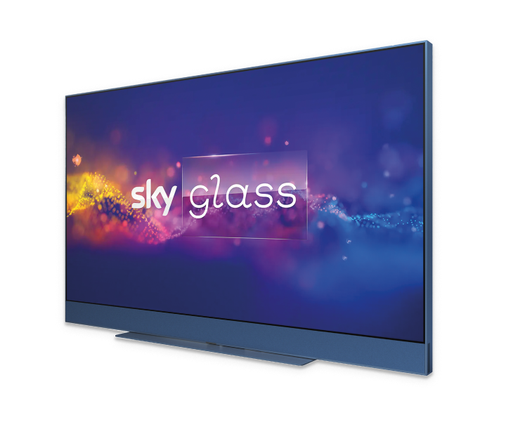 Sky Glass smart TV screen with vibrant coloured waves and logo on display.