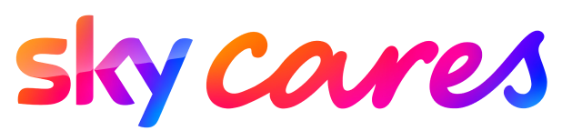 Sky Cares logo in gradient rainbow colours with a playful, handwritten style.