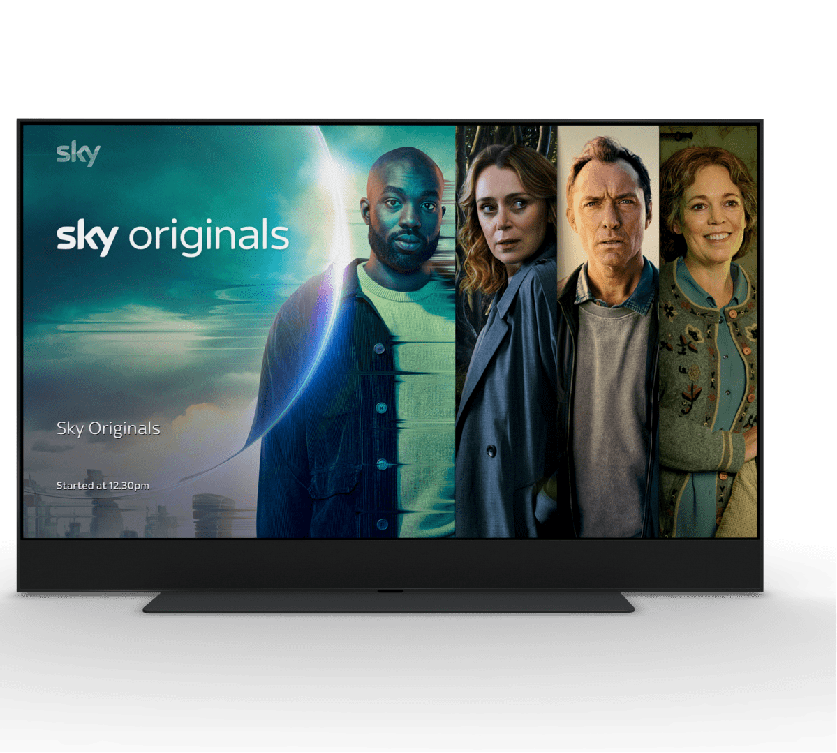 Smart TV displaying four characters under a “Sky Originals” banner with dramatic lighting.
