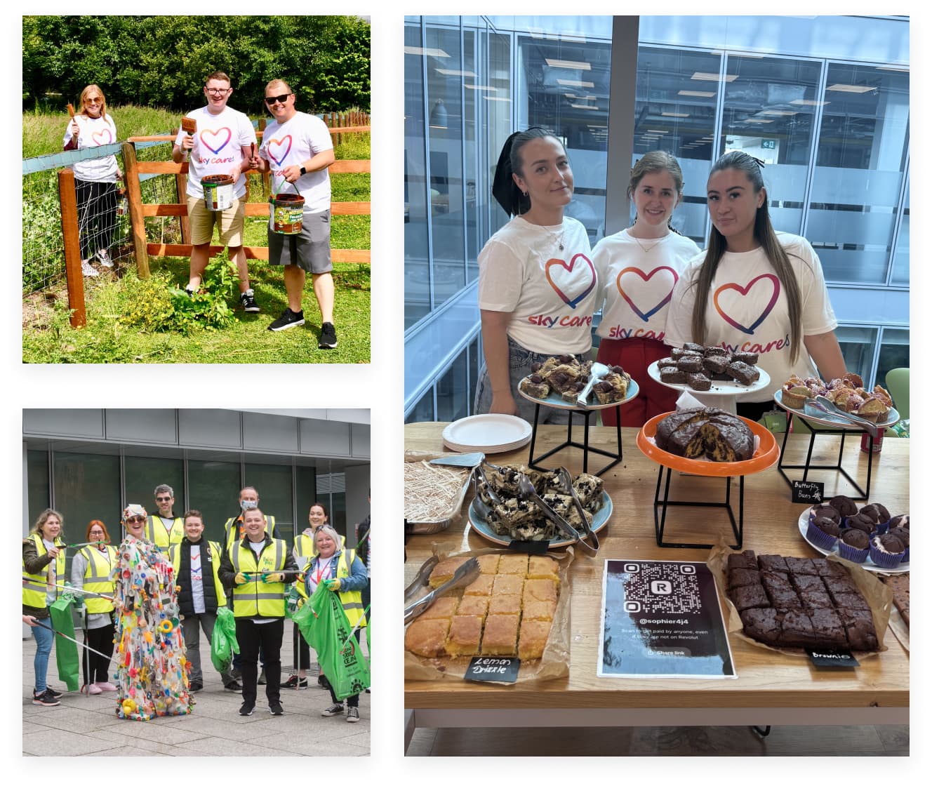 A collage of Sky volunteers in branded t-shirts and high-vis vests painting, cleaning, and hosting a bake sale