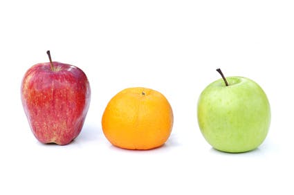 red apple,orange and green apple isolated on white background