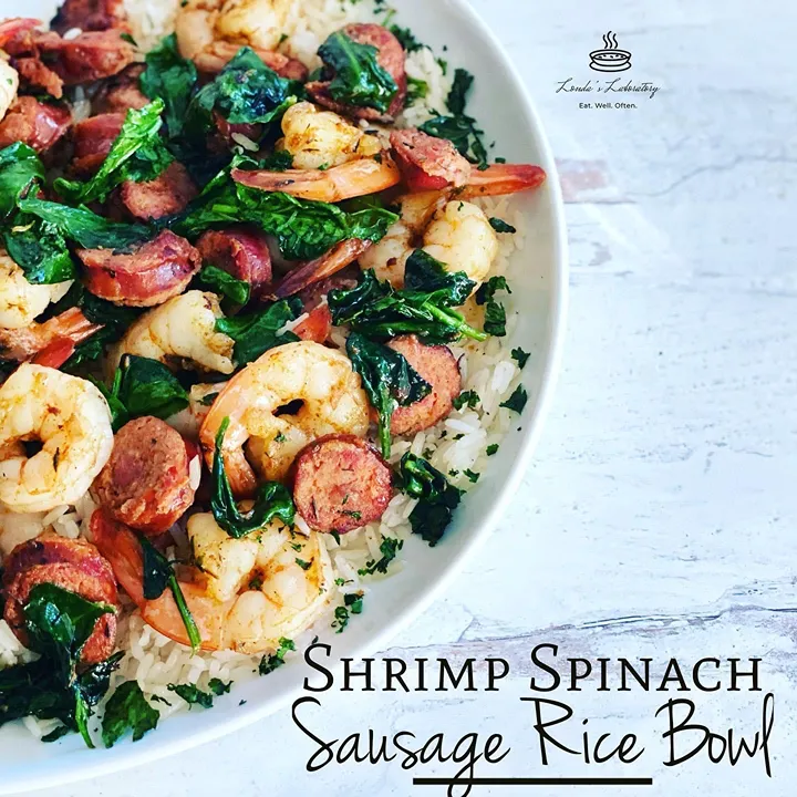 shrimp, spinach, and sausage rice bowl