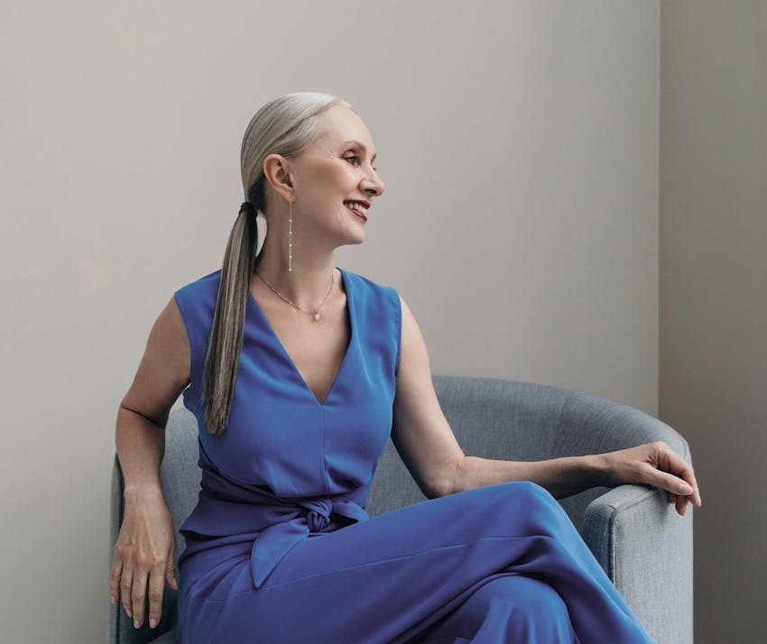 Woman in blue outfit