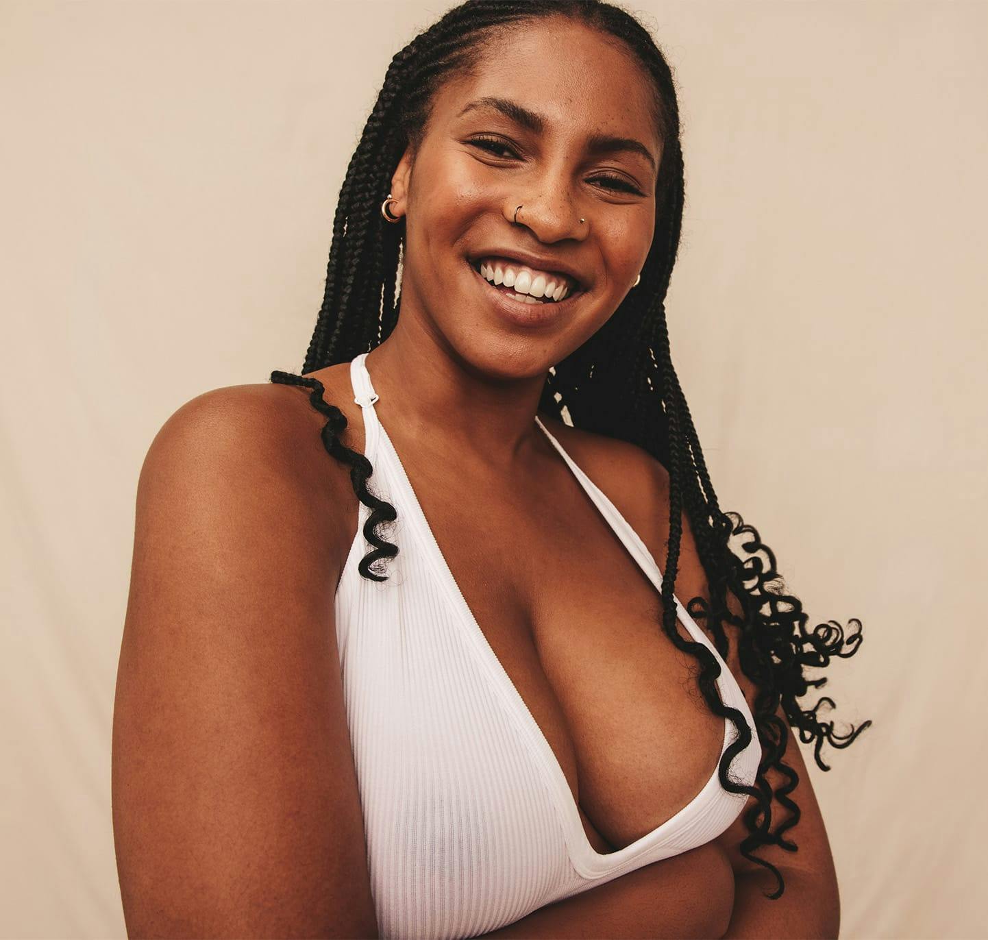 Woman smiling in white bikini