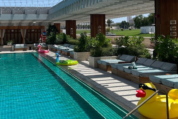 Swimming pool with inflatable ducks and loungers, surrounded by greenery and sunlight