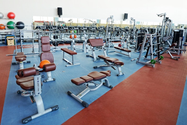 Well-equipped gym with weight machines, benches, and exercise balls.