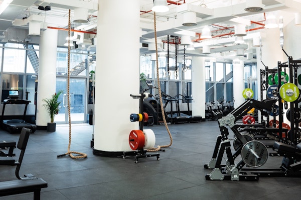 Modern gym with fitness ropes, weight machines, and open space for exercises.
