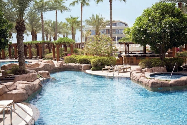 Resort pool with rock features, palm trees, and tropical landscaping