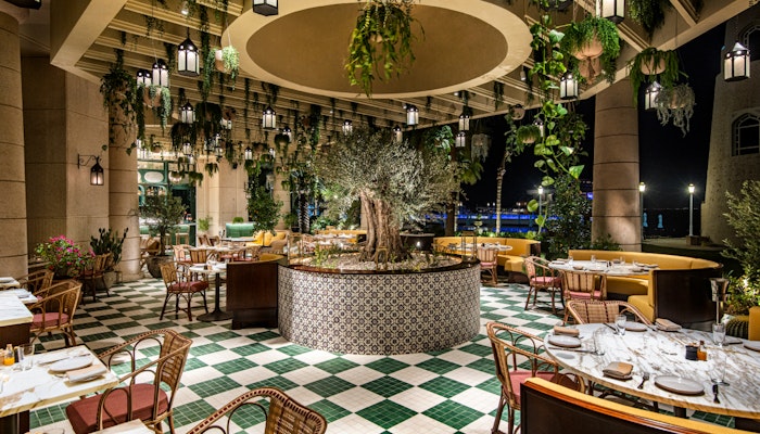 High Level Dining Charming restaurant with greenery, hanging plants, and a central olive tree