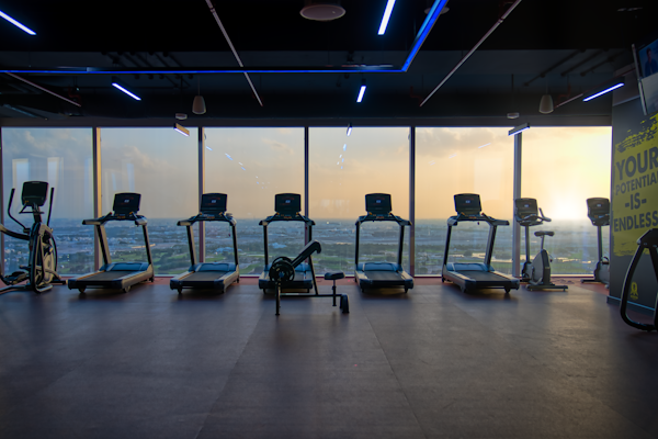 Modern gym with treadmills and elliptical machines, with a scenic view of the ocean at sunset.