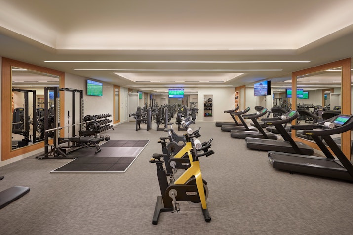 Well-equipped gym with treadmills, weight machines, and mirrored walls.