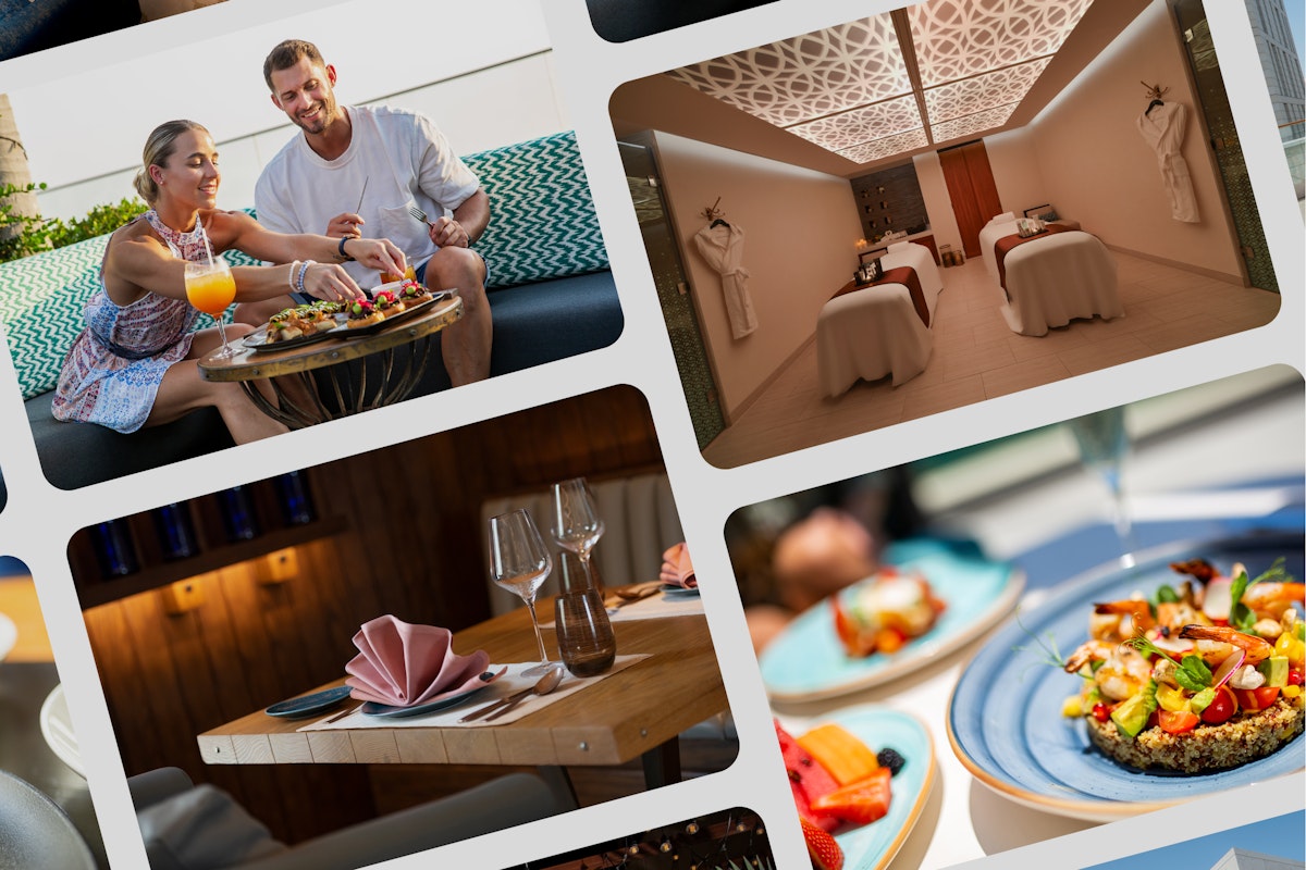 Collage featuring a couple enjoying a meal, a spa room, and two plates of gourmet food.