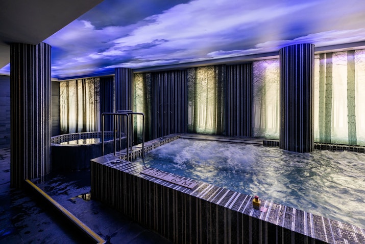 Luxurious spa with a jacuzzi, forest-themed lighting, and columns.