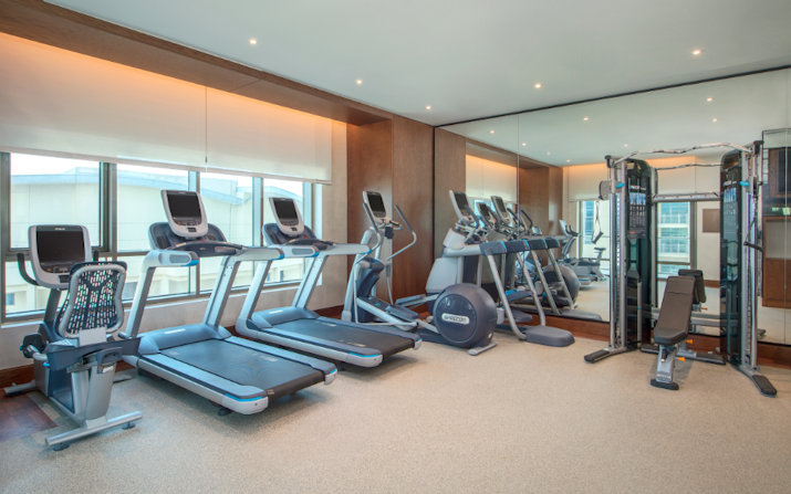 Hilton Doha The Pearl Modern gym with various exercise machines, including treadmills and a weight machine, surrounded by large windows.