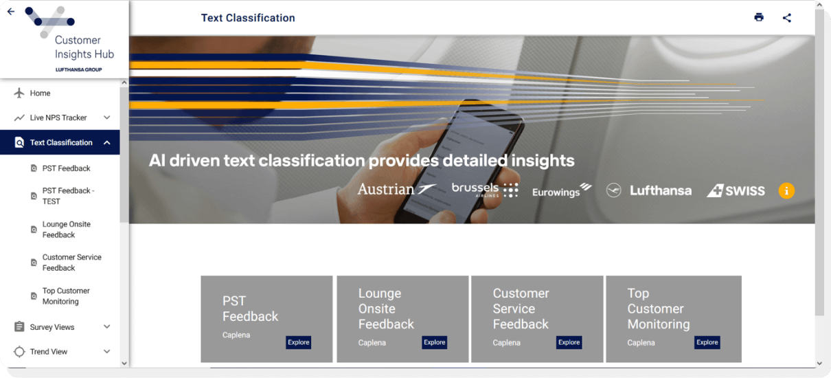 Feedback insights obtained by Caplena on the Lufthansa website.