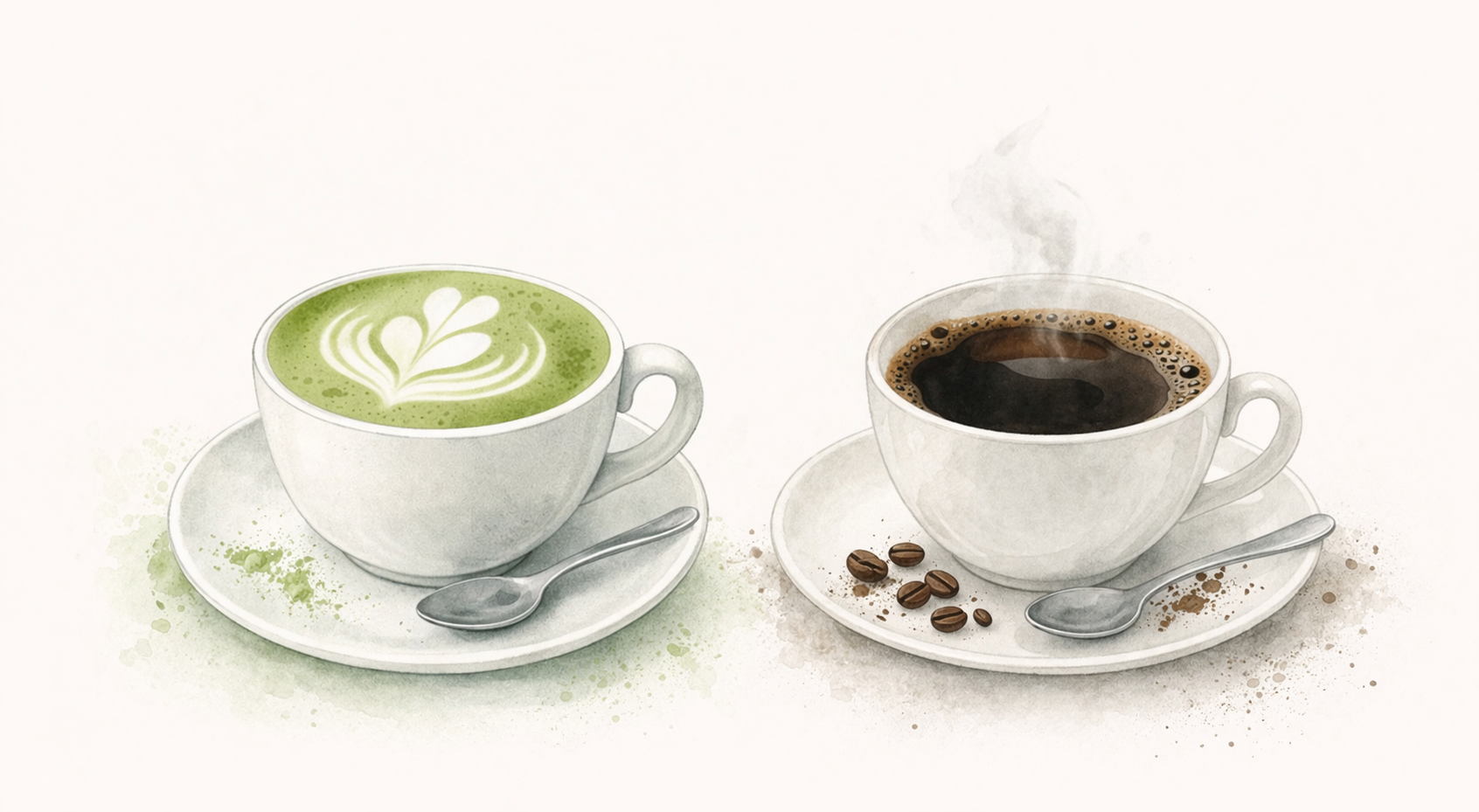 A matcha latte and a black coffee side by side