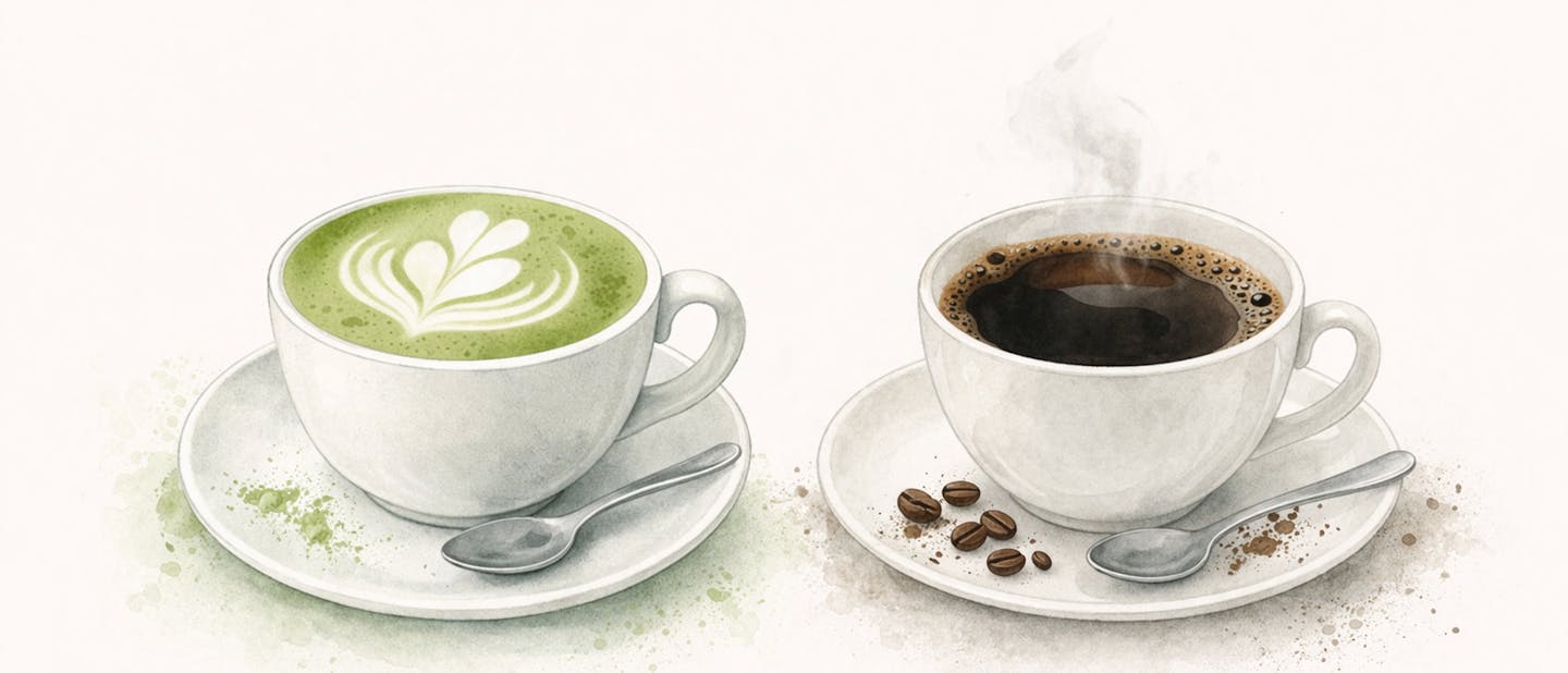 A matcha latte and a black coffee side by side