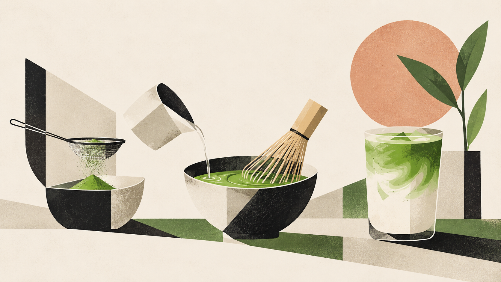 Illustration of making a matcha latte: sifting matcha, adding water and whisking with a bamboo whisk.