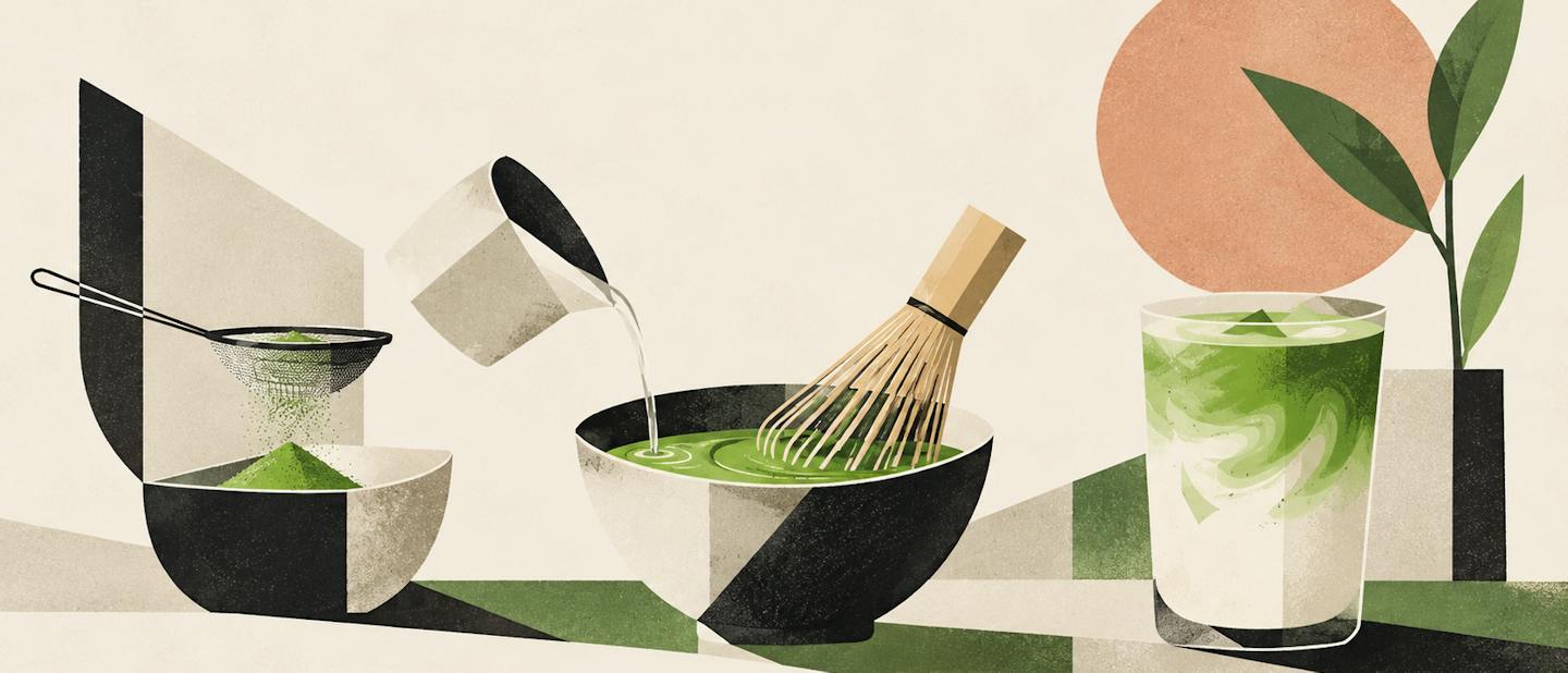 Illustration of making a matcha latte: sifting matcha, adding water and whisking with a bamboo whisk.