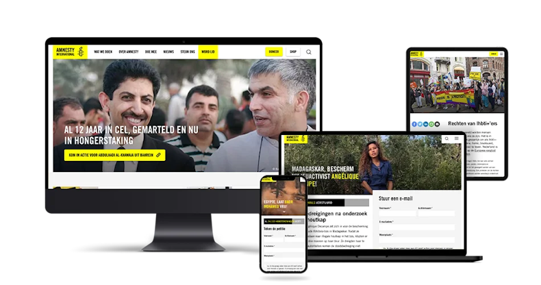 Schermafbeeldingen van de Amnesty website op verschillende devices