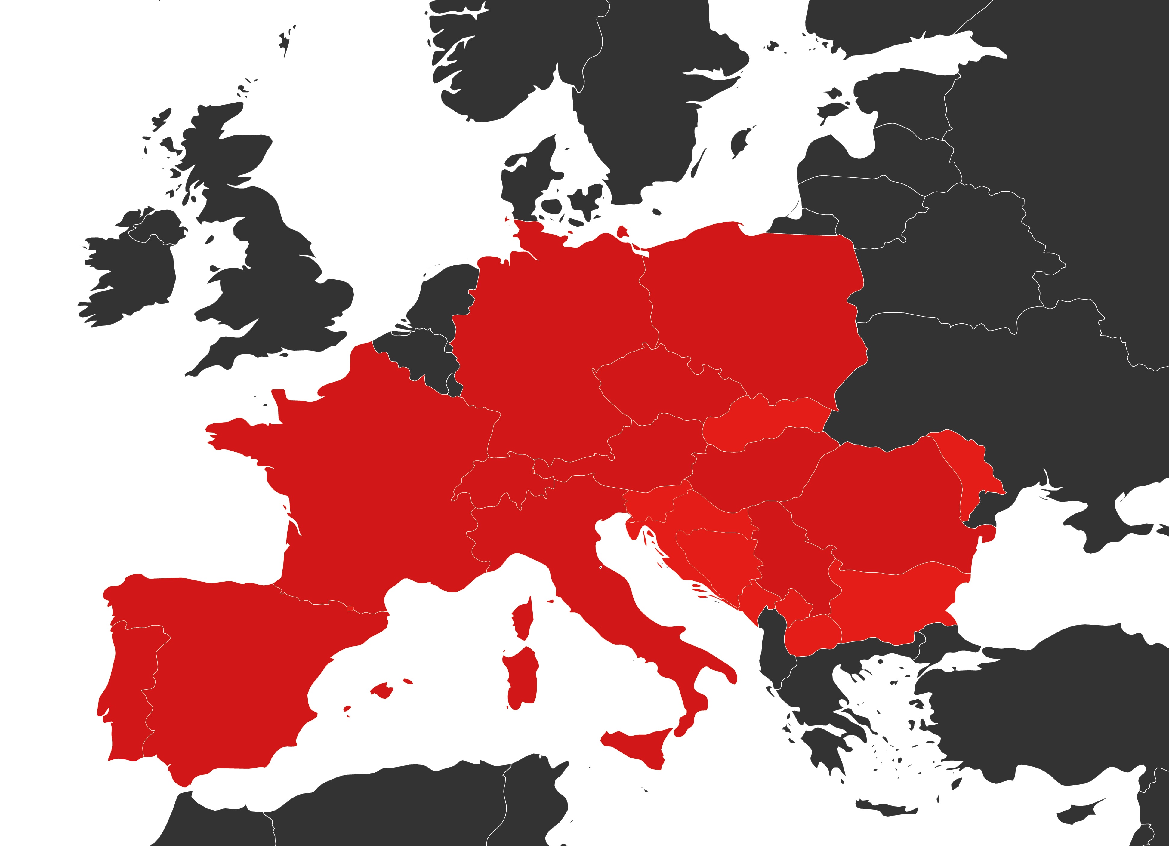 Een gedetailleerde kaart van Europa met de locaties van Surplex en de bediende landen, die de sterke internationale aanwezigheid van het bedrijf benadrukt.