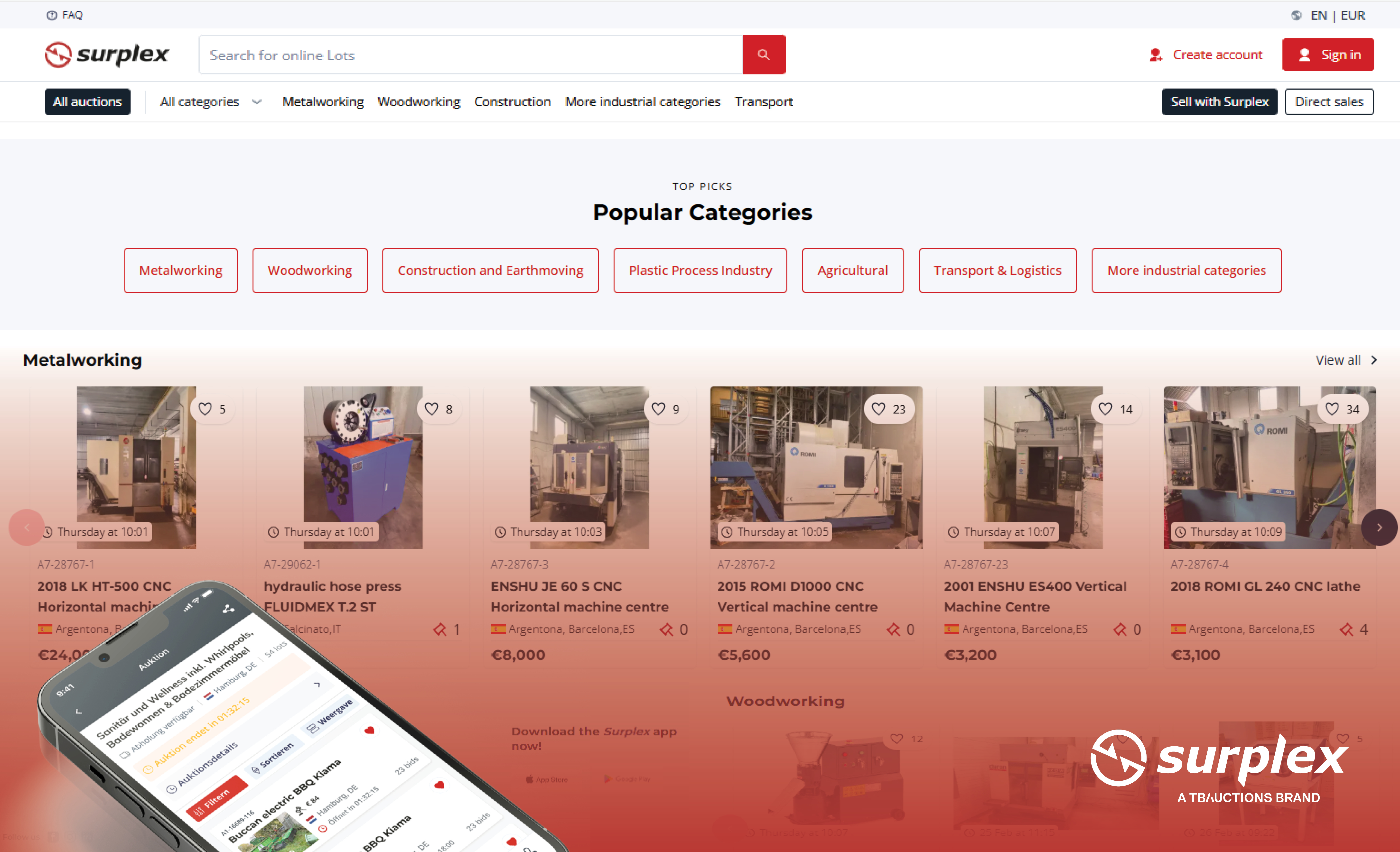 A screenshot of the new Surplex website, showcasing its updated design and functionality powered by TBAuctions technology.