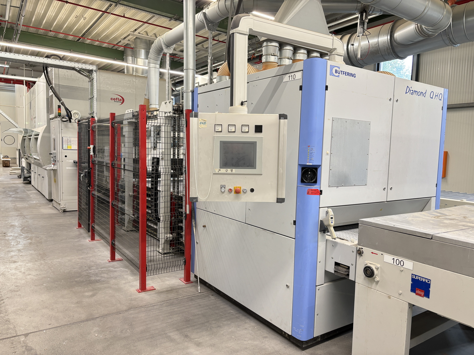 Professionally Refurbished Surface Finishing Line – Bütfering, Bürkle, Venjakob, Cefla, Kraft Alphamatic with Spray Coating Robot & UV Dryer