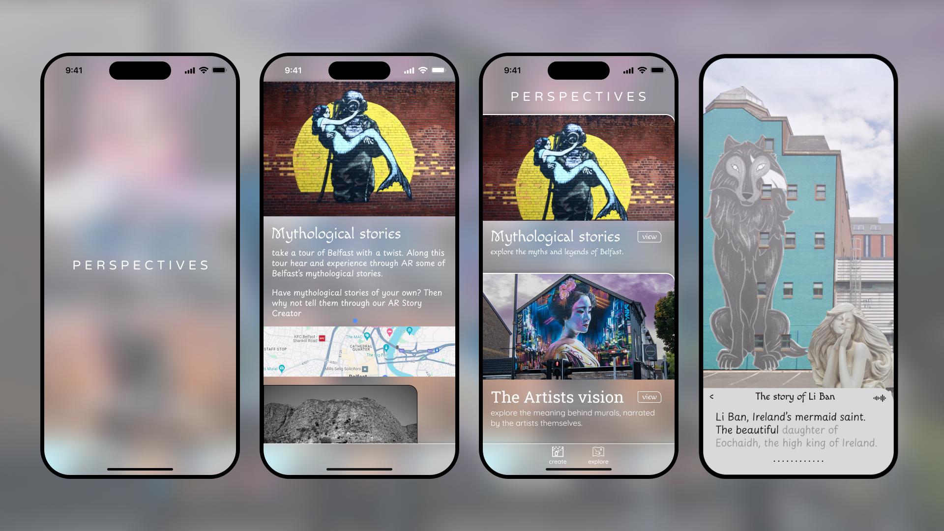 A series of mobile app screens showing how a user can navigate through the Mythological and user generated stories with Augmented reality.